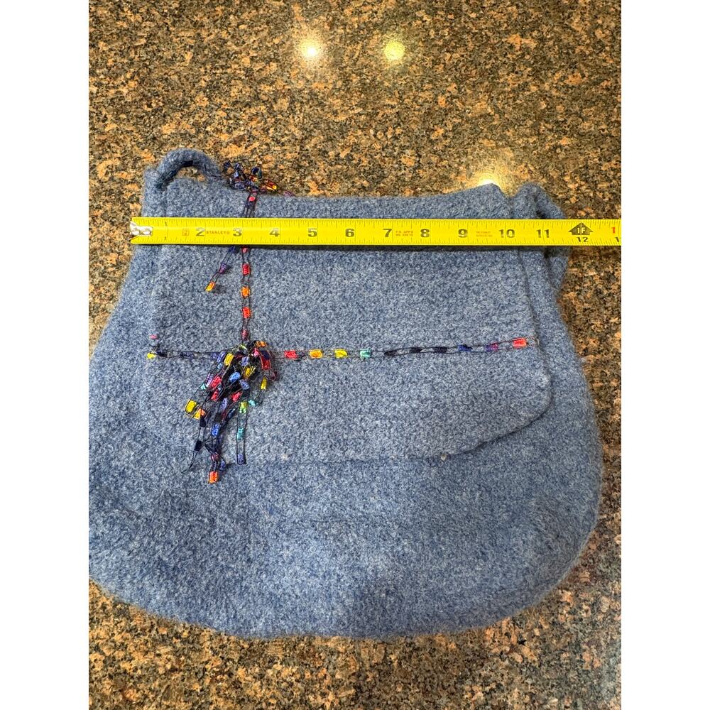 Handmade Blue Felt Shoulder Purse with Multicolored Ribbon Accents - Picture 5 of 10